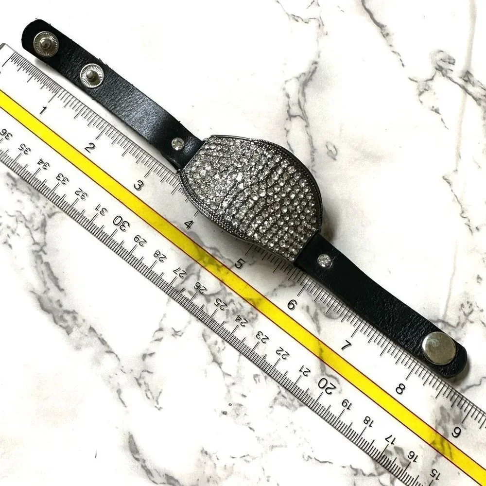 Yik Fung black leather rhinestone bracelet